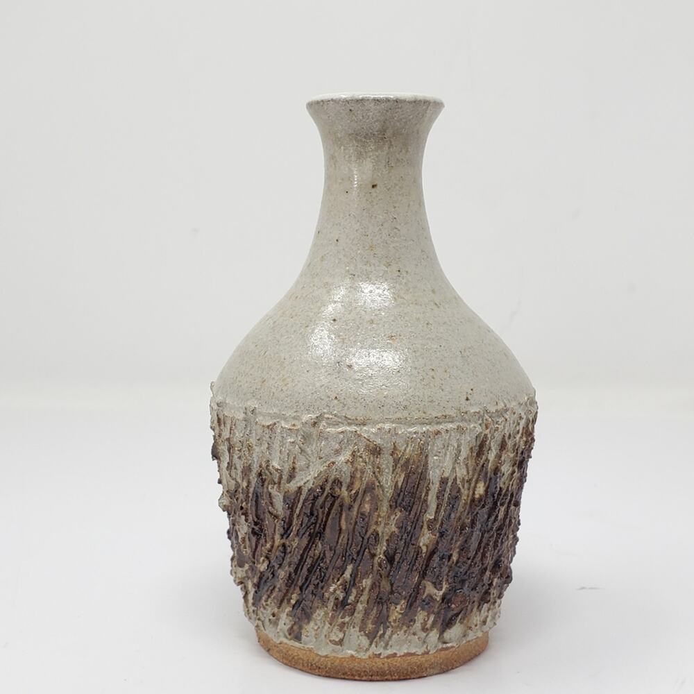 Vintage Mid Century beige and brown small thin neck bottle 6" Tall